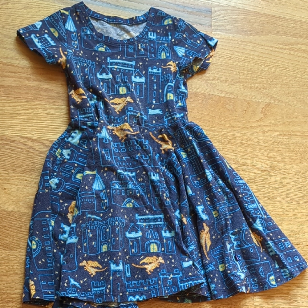 Whimsical Castle Print Kids Dress - Navy